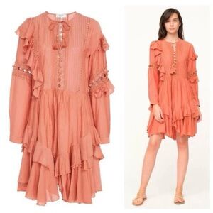 NWT Sea New York Weatherly Crochet Pom Pom Coral Ruffle Long-Sleeve Mini Dress​